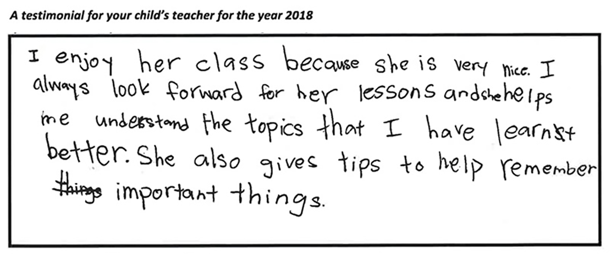 "...always look forward for her lessons and she helps me understand the topics that I have learnt better."