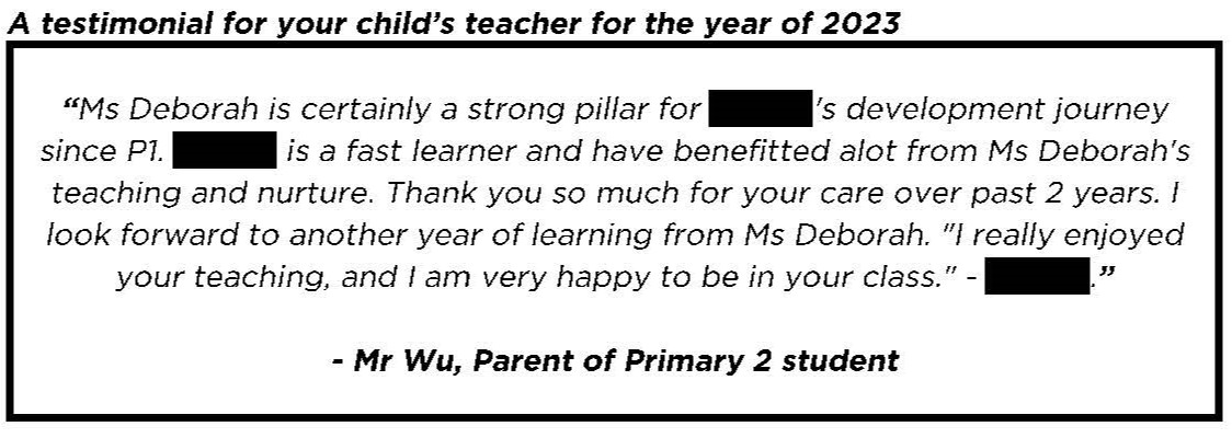 ".. a strong pillar for my girl's development journey since P1"